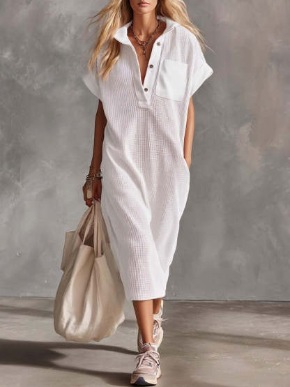 Casual Waffle Short-sleeved Cotton Dress-retrostrom