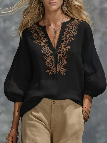 Loose-fitting V-neck Linen And Cotton Shirt-retrostrom
