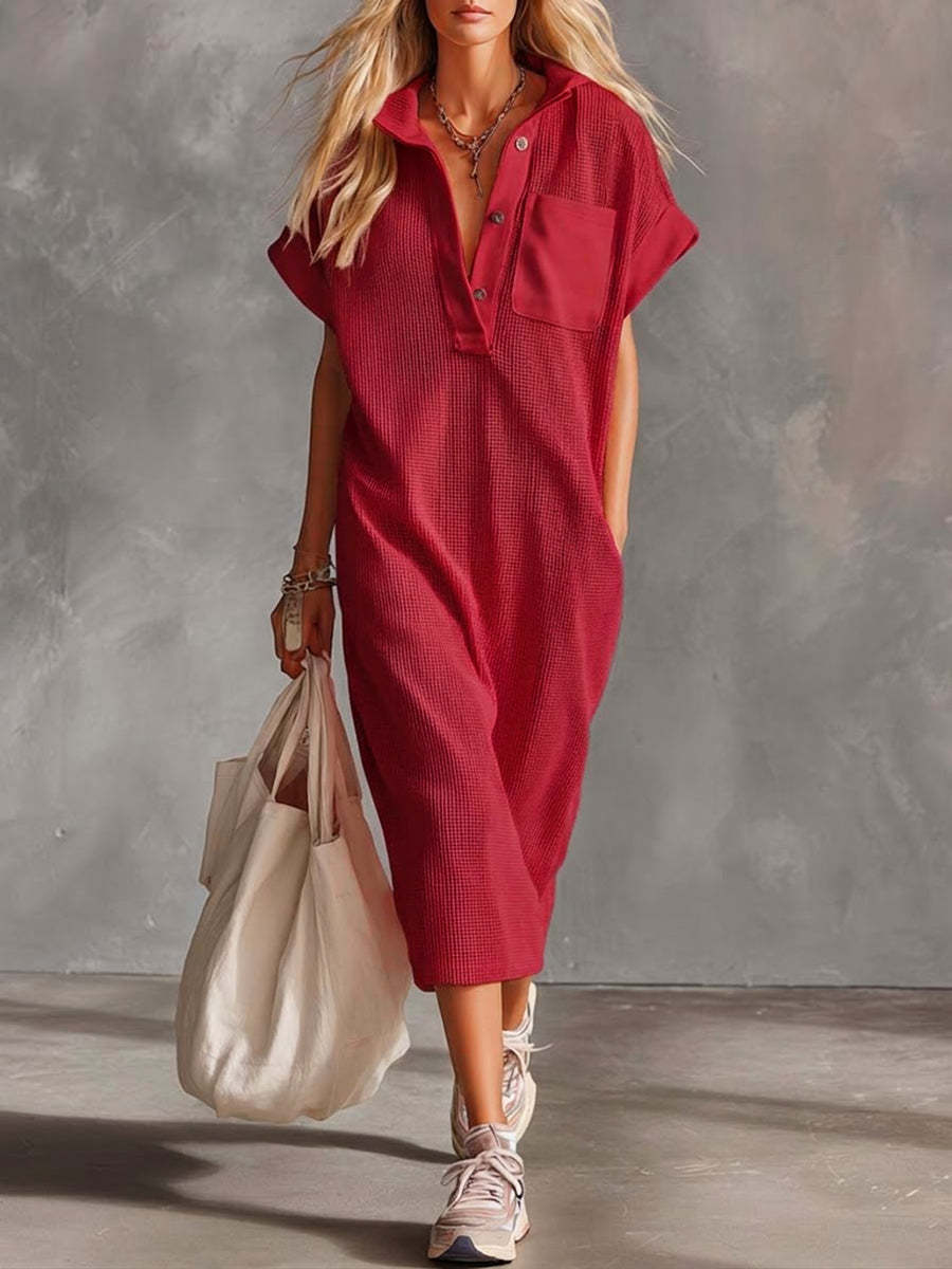 Casual Waffle Short-sleeved Cotton Dress-retrostrom