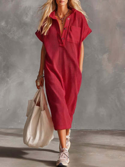 Casual Waffle Short-sleeved Cotton Dress-retrostrom