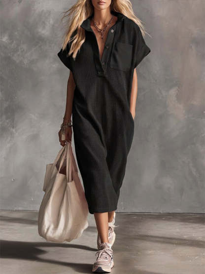 Casual Waffle Short-sleeved Cotton Dress-retrostrom