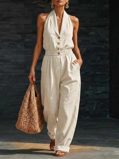 New Arrivals🔥Elegant Cozy V-neck Button-up Loose Linen Jumpsuit