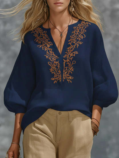 Loose-fitting V-neck Linen And Cotton Shirt-retrostrom