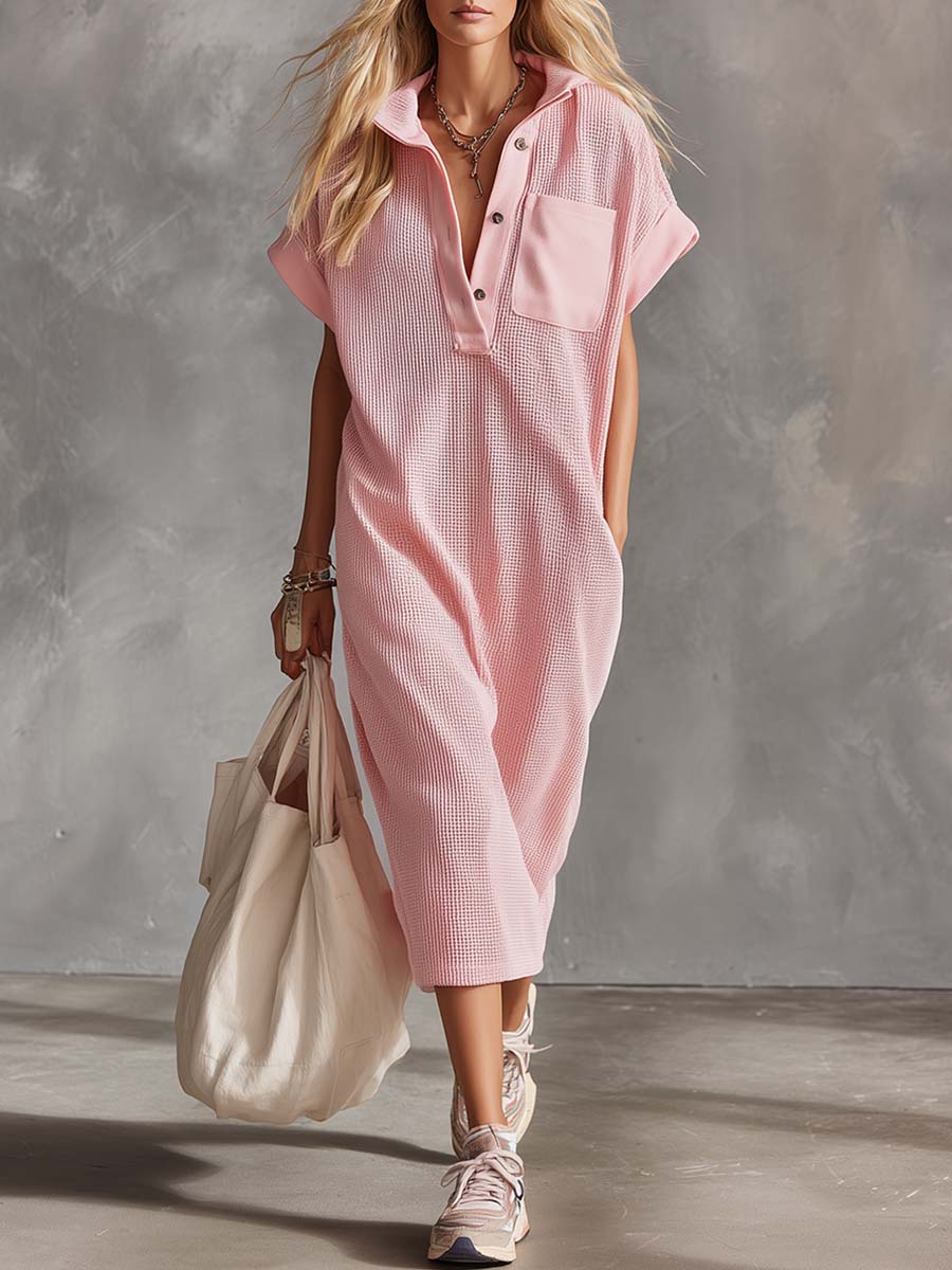 Casual Waffle Short-sleeved Cotton Dress-retrostrom