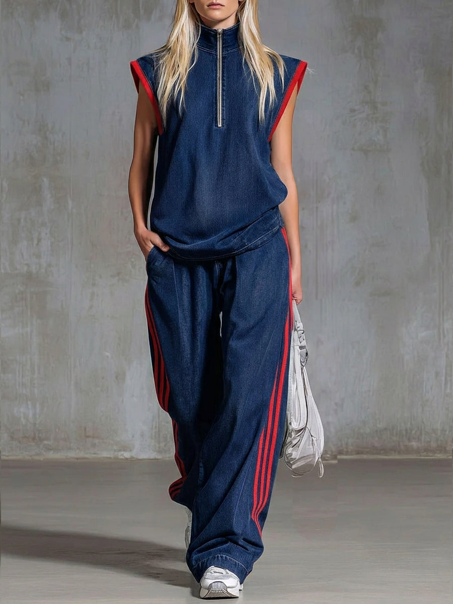 Casual Half-zip Sleeveless Denim Top And Pants Two-piece Set-retrostrom