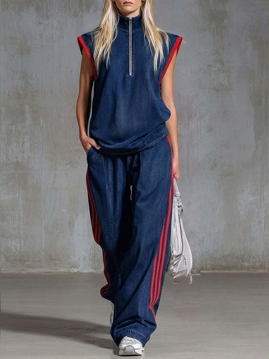 Casual Half-zip Sleeveless Denim Top And Pants Two-piece Set-retrostrom
