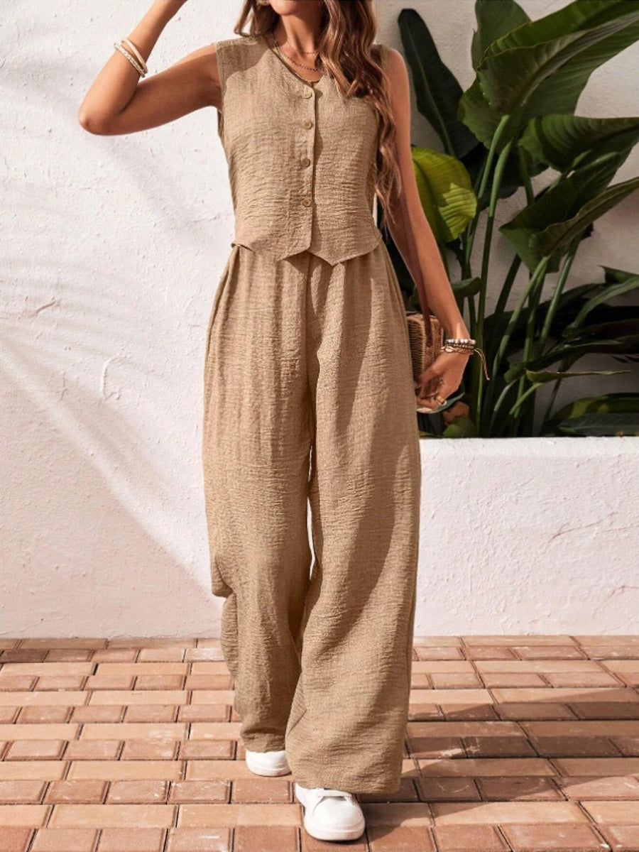 Women's Linen V-neck Front Button Vest And Pants Set-retrostrom