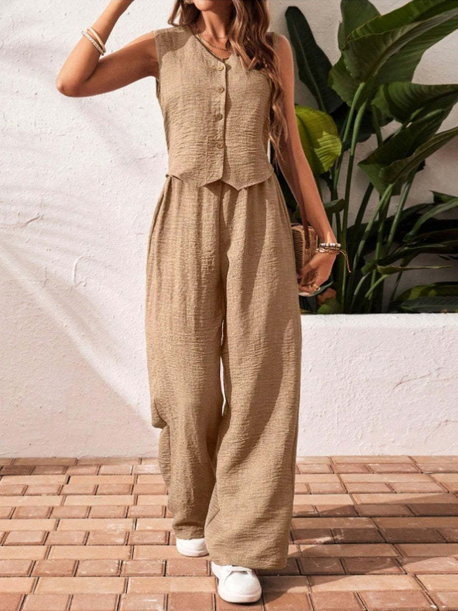 Women's Linen V-neck Front Button Vest And Pants Set-retrostrom