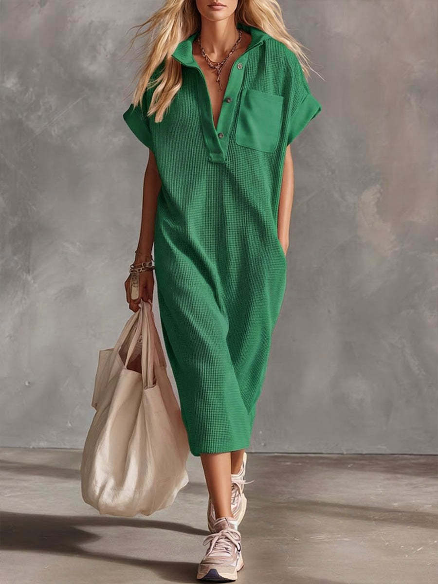 Casual Waffle Short-sleeved Cotton Dress-retrostrom