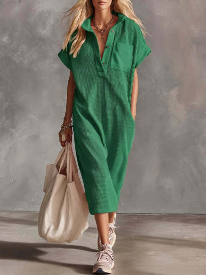 Casual Waffle Short-sleeved Cotton Dress-retrostrom
