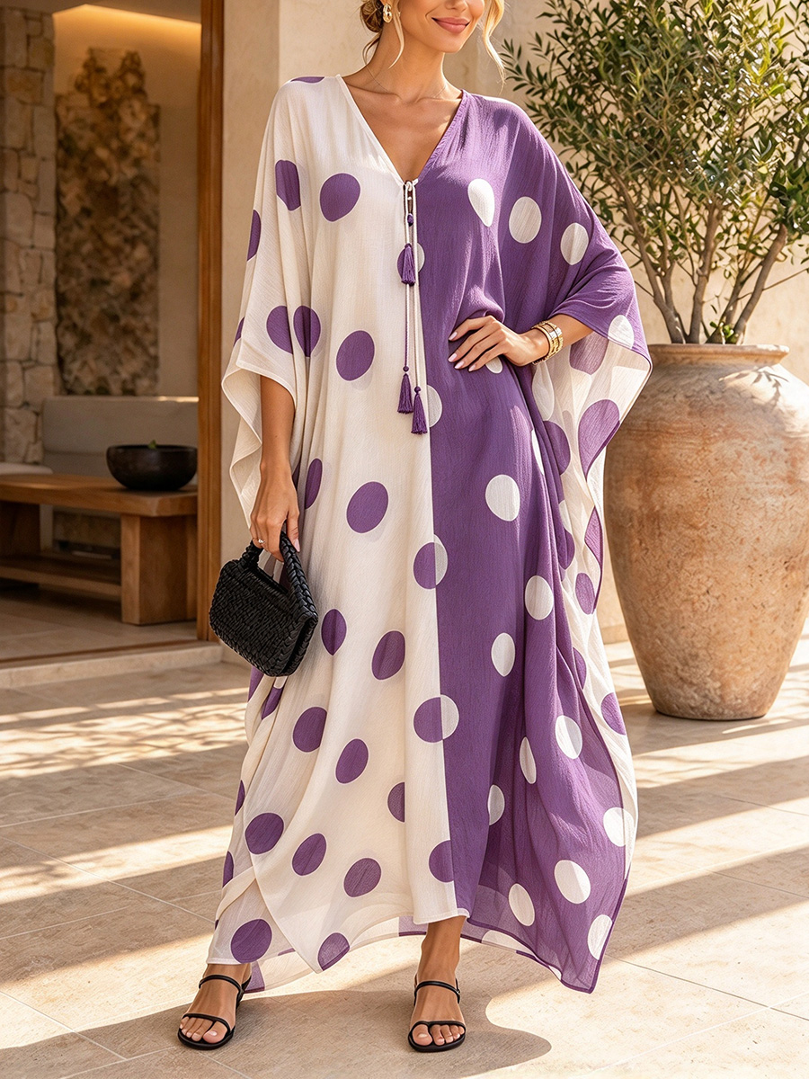 Black White Contrast Polka Dot Kaftan Maxi Dress