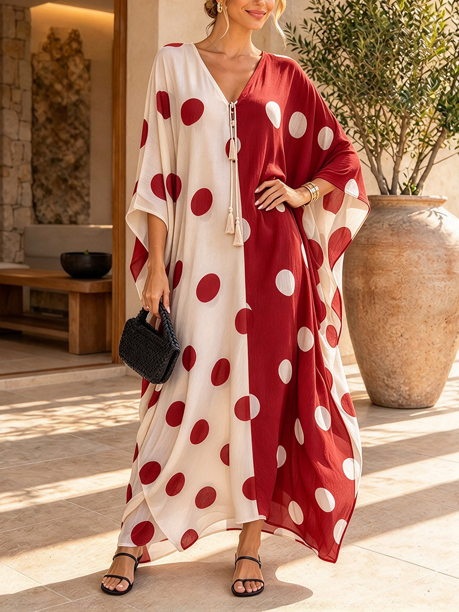 Black White Contrast Polka Dot Kaftan Maxi Dress