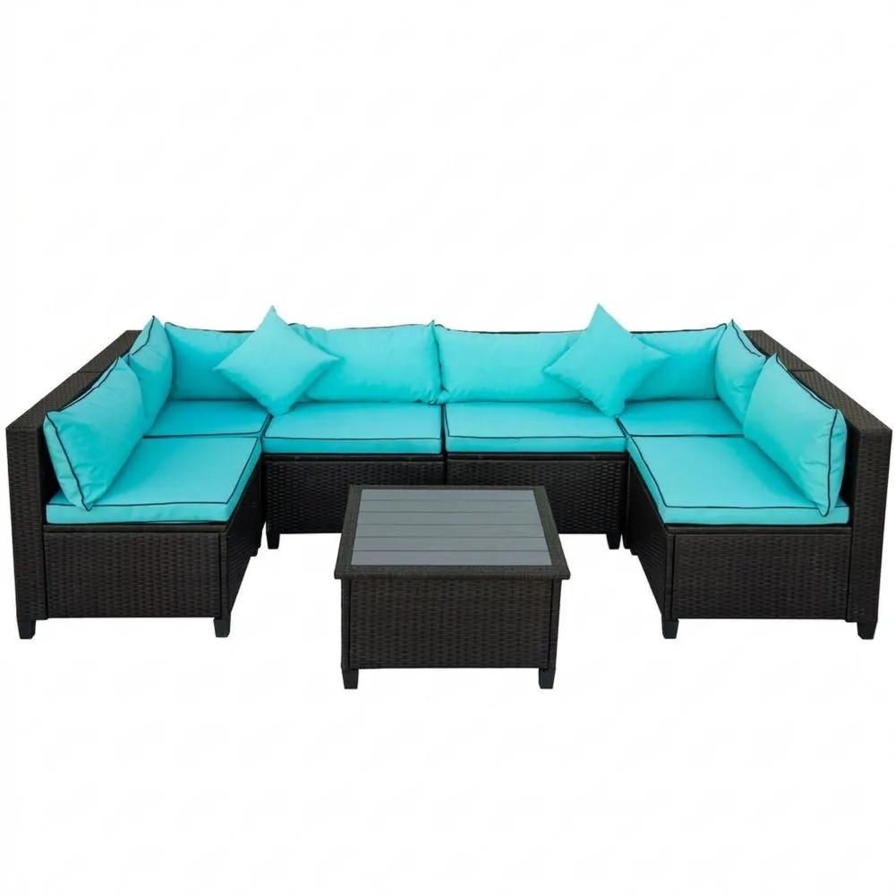 Set Divano Angolare e Tavolino da Giardino in Rattan PE Azzurro/Nero
