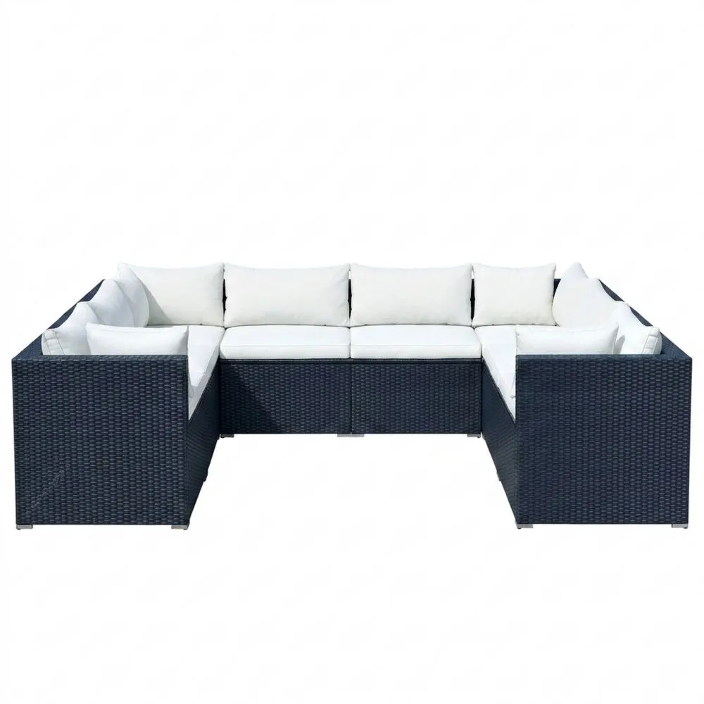 Set divano da giardino in rattan sintetico nero con cuscini crema
