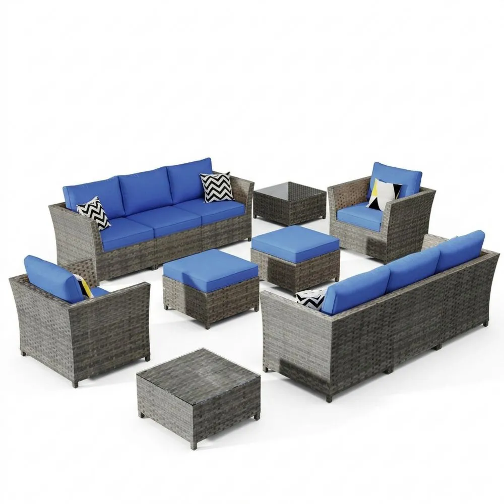Set Divano da Giardino in Rattan Sintetico con Cuscini Blu, 8 Pezzi