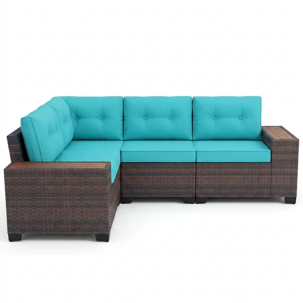 Divano angolare in rattan con cuscini turchesi