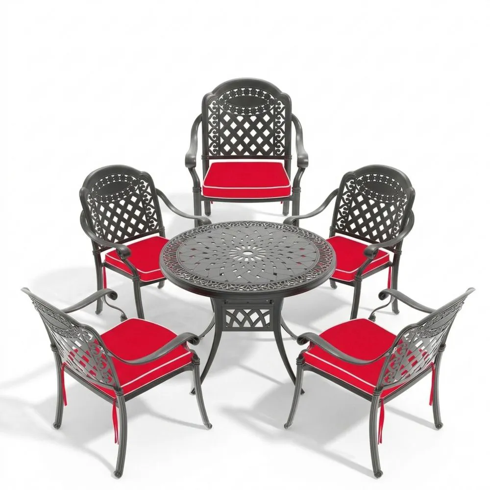 Set da pranzo da giardino in metallo con cuscini rossi
