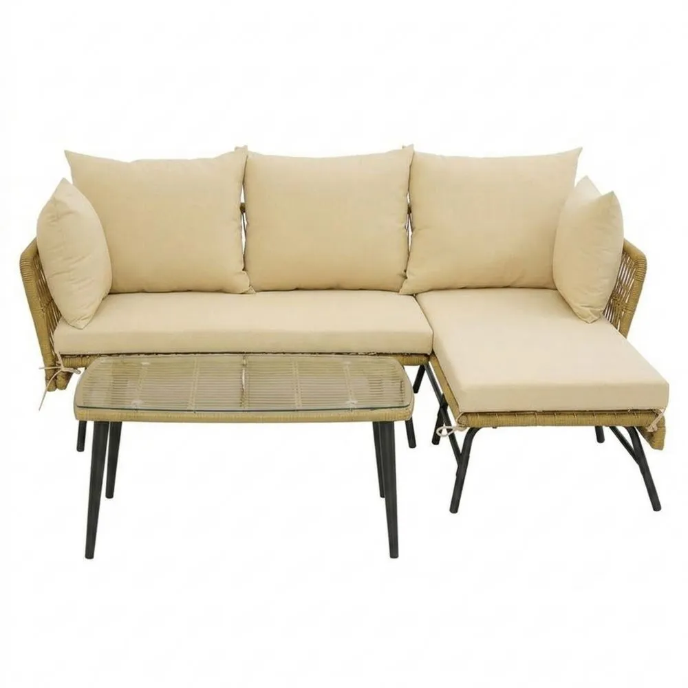 Set Divano Angolare 3 Posti con Chaise Longue e Tavolino in Rattan Sintetico e Vetro