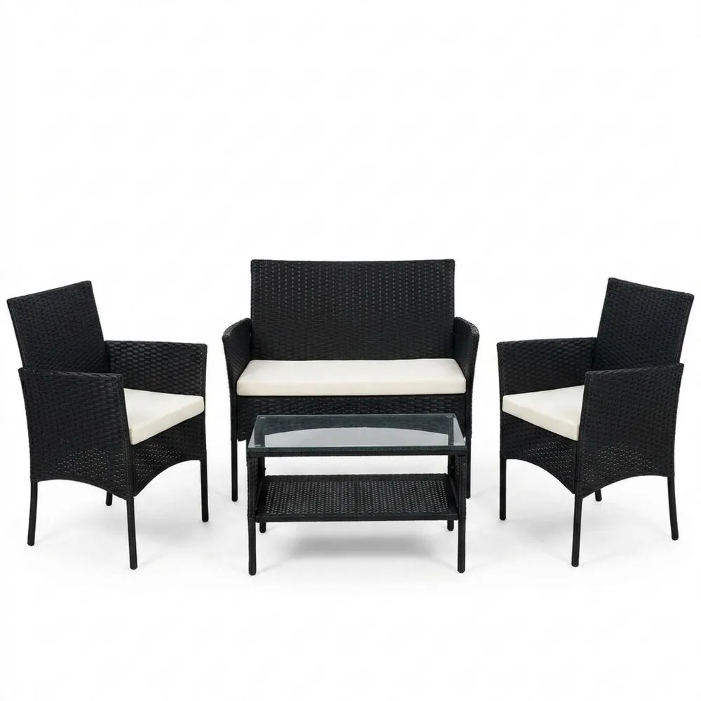 Set di divani da giardino in rattan sintetico con tavolo in vetro temperato