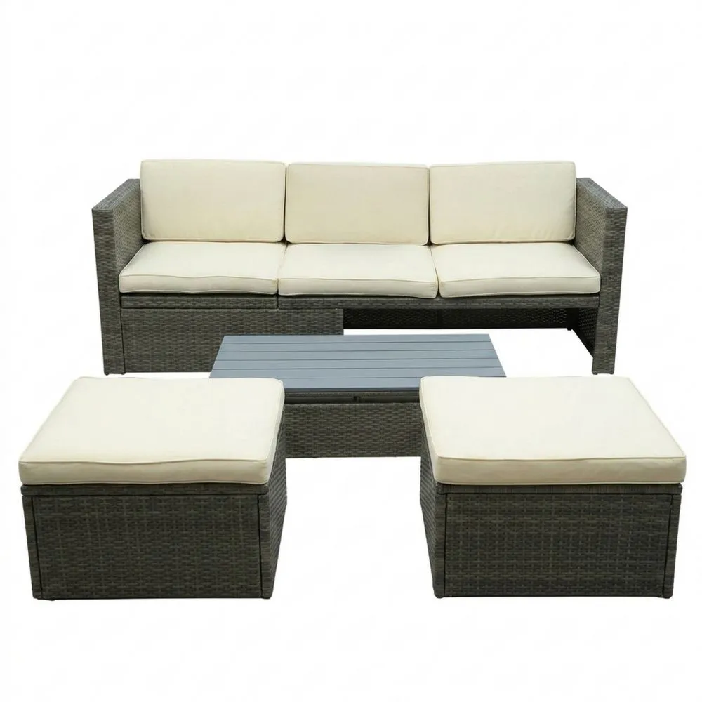 Set Divano in Rattan con Tavolino e Cuscini