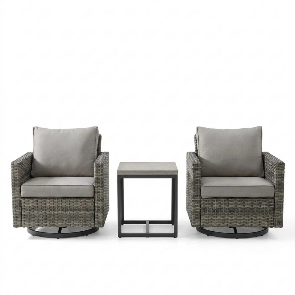 Set di sedie relax da giardino in rattan sintetico grigio con cuscini e tavolino in acciaio