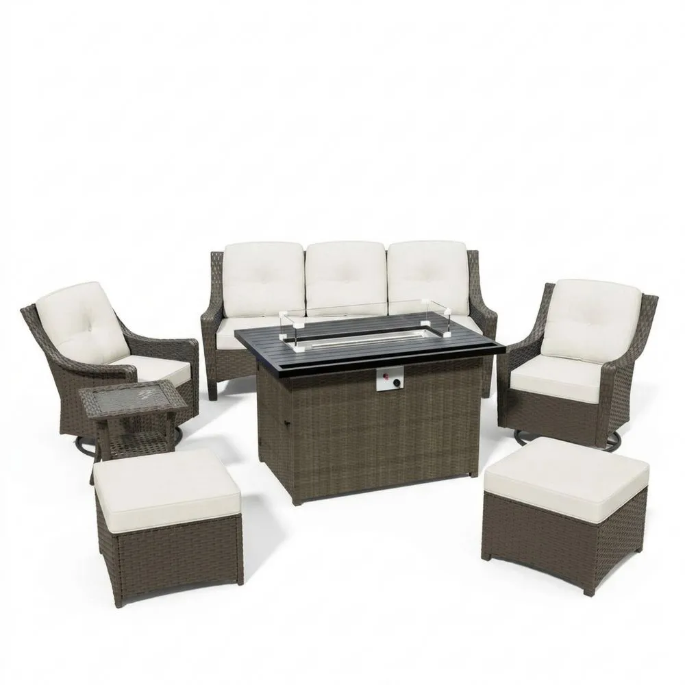 Set di divani da giardino in rattan con tavolo da fuoco e cuscini