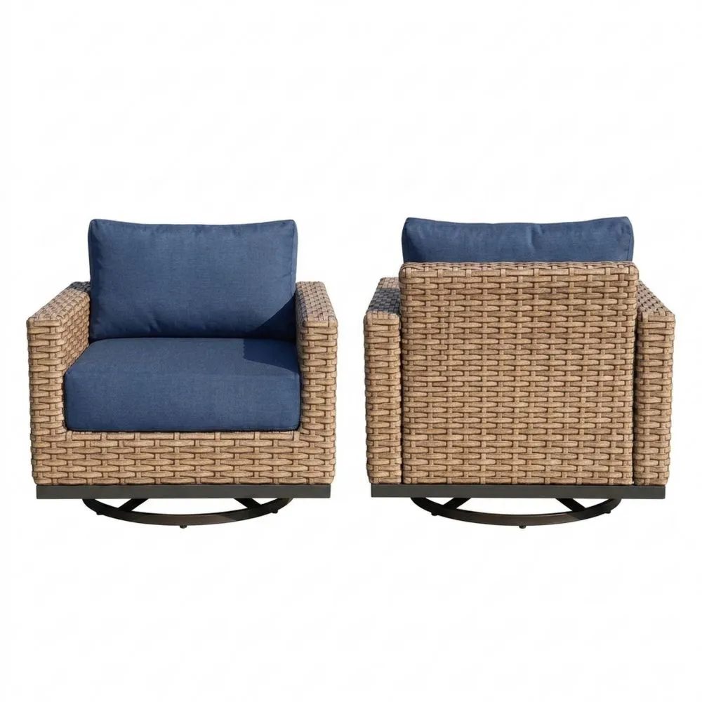 Poltrone Girevoli in Rattan Sintetico con Cuscini Blu