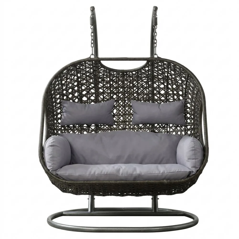 Poltrona Sospesa Doppia in Rattan Sintetico con Cuscini Grigi