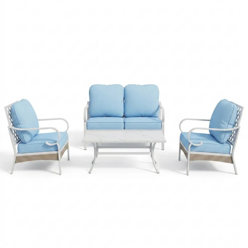 Set di divani da giardino in acciaio e rattan con cuscini azzurri