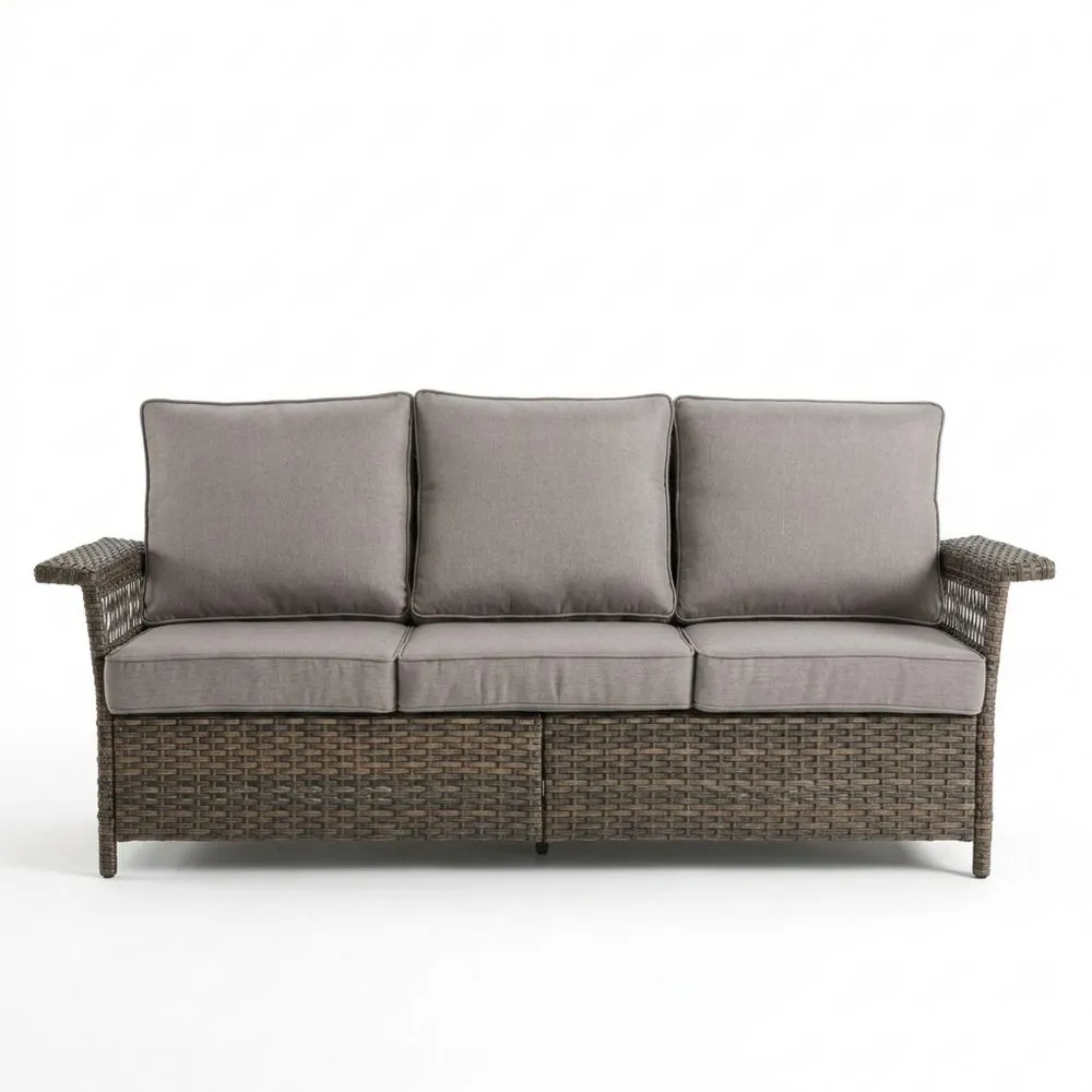 Divano da giardino a 3 posti in rattan sintetico con cuscini grigi