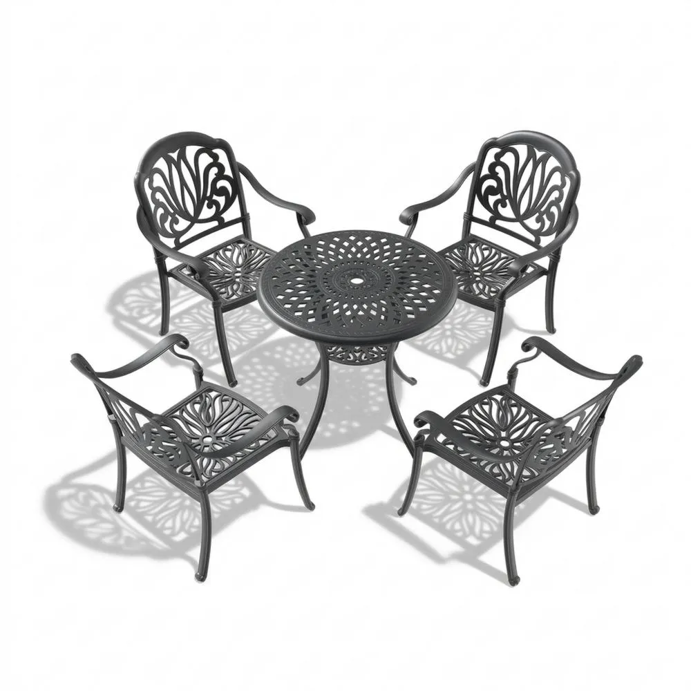 Set da pranzo da giardino con tavolo rotondo e 4 sedie in alluminio verniciato nero