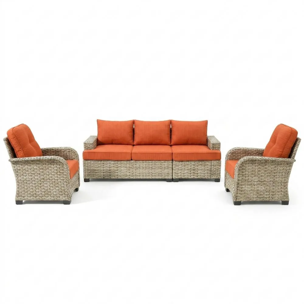 Set Divano da Esterno in Rattan con Cuscini Arancioni