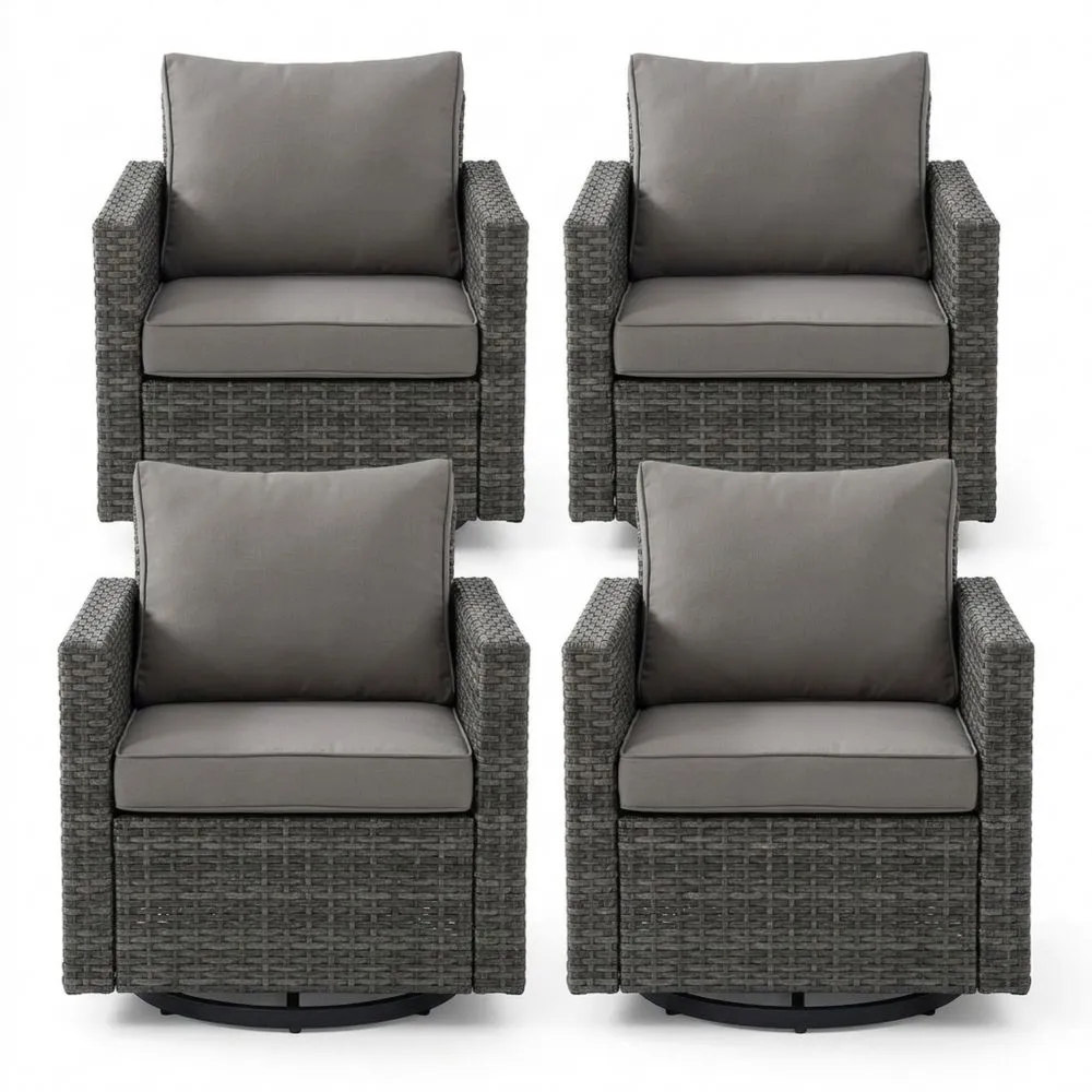 Set di 4 Poltrone da Esterno in Rattan Sintetico con Cuscini Grigi