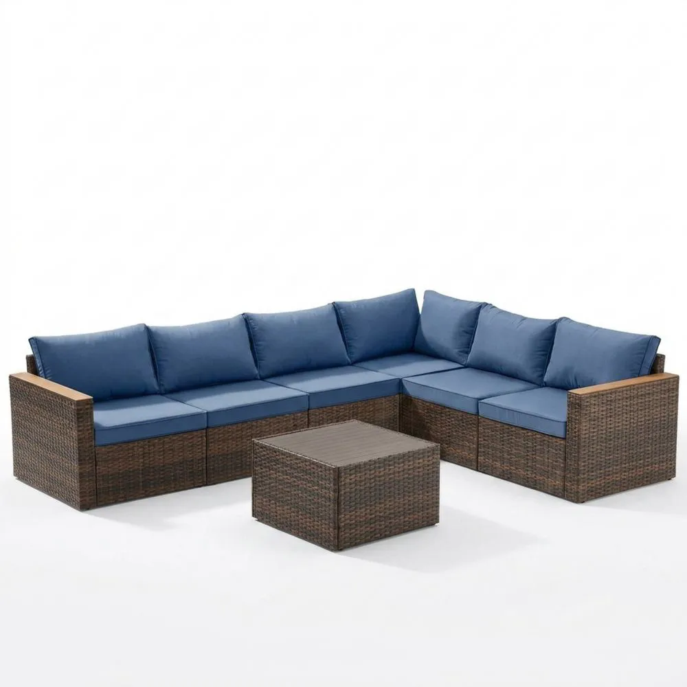 Set Divano ad Angolo da Esterno in Rattan con Cuscini Blu