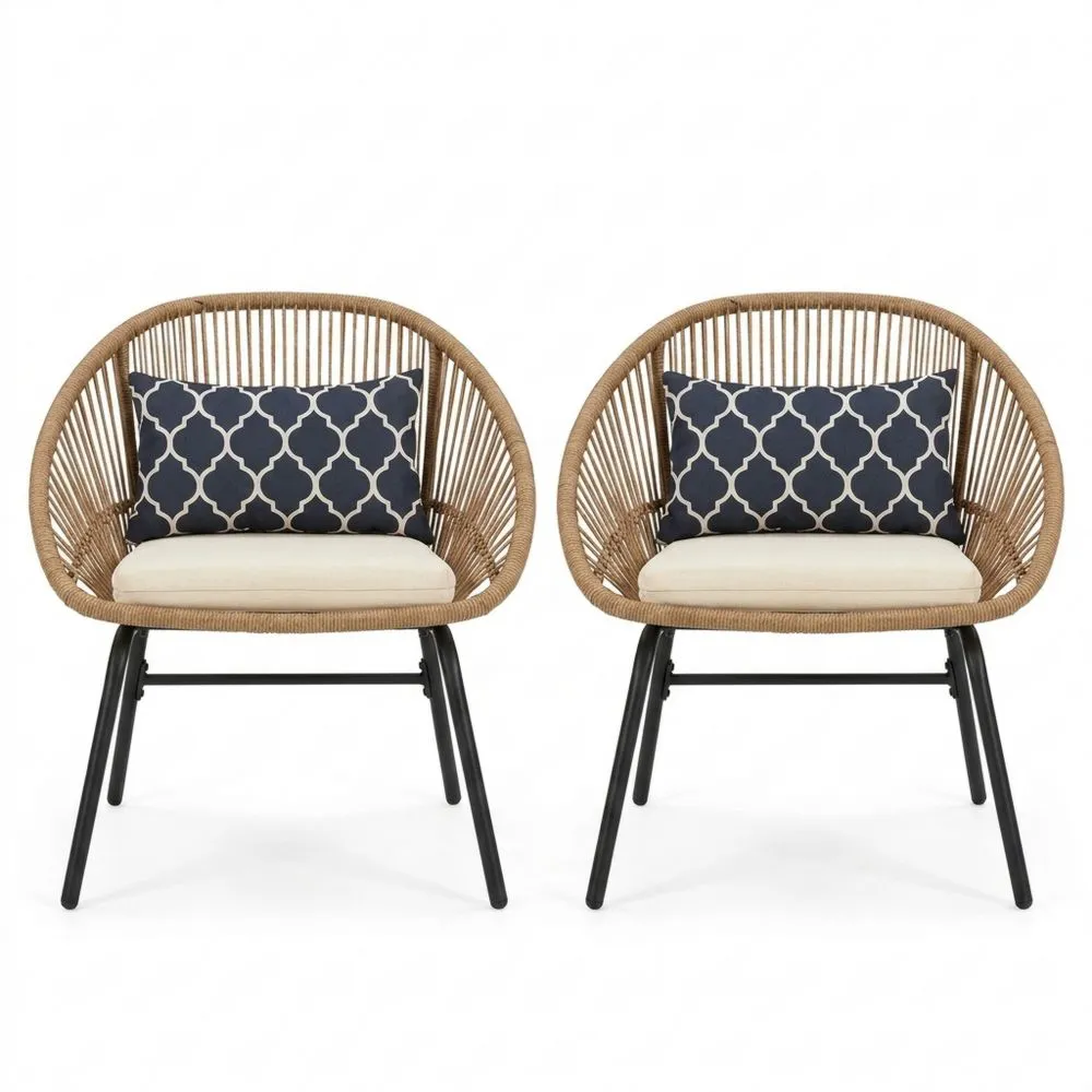 Set di 2 Sedie Rotonde in Rattan Sintetico con Cuscini Decorativi