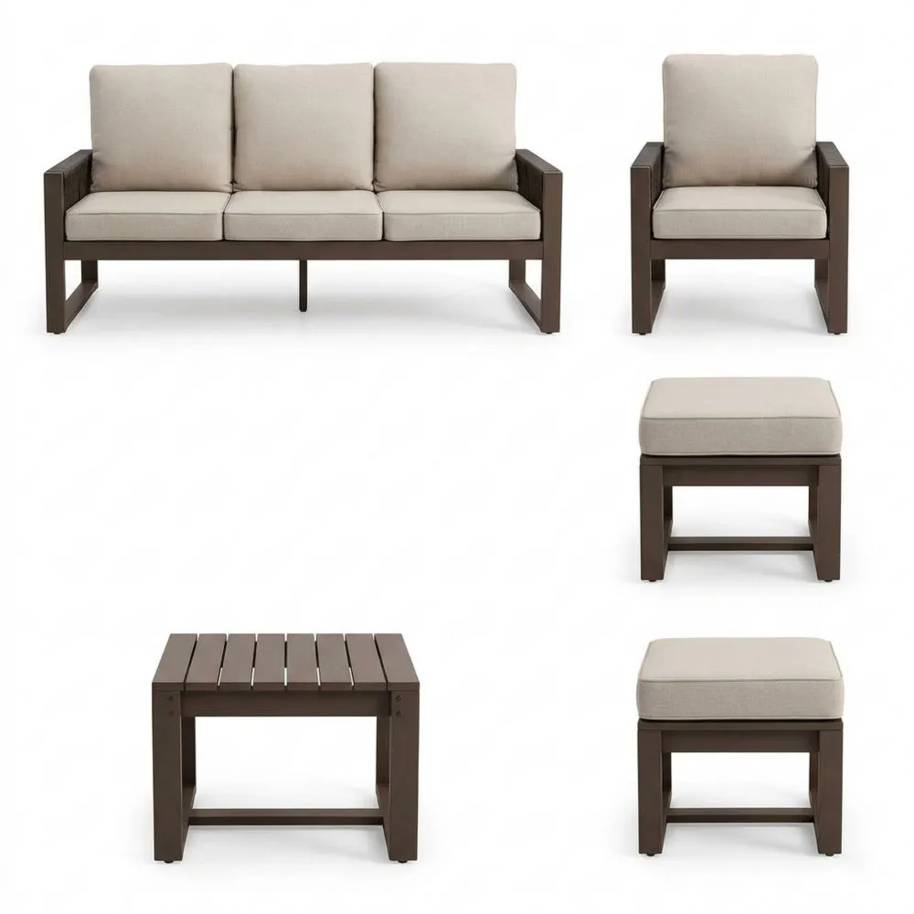 Set di divani da giardino in acciaio con cuscini in tessuto beige