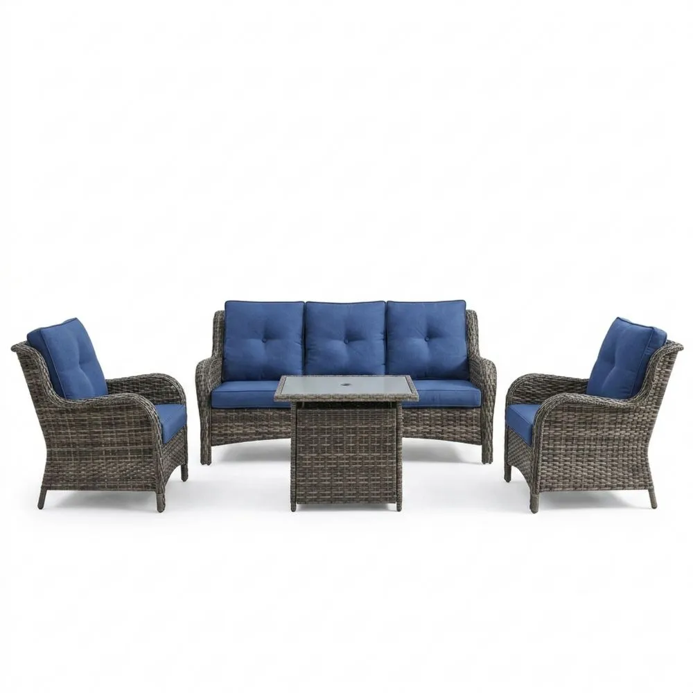 Set di divani da giardino in rattan sintetico con cuscini blu e tavolo in vetro temperato