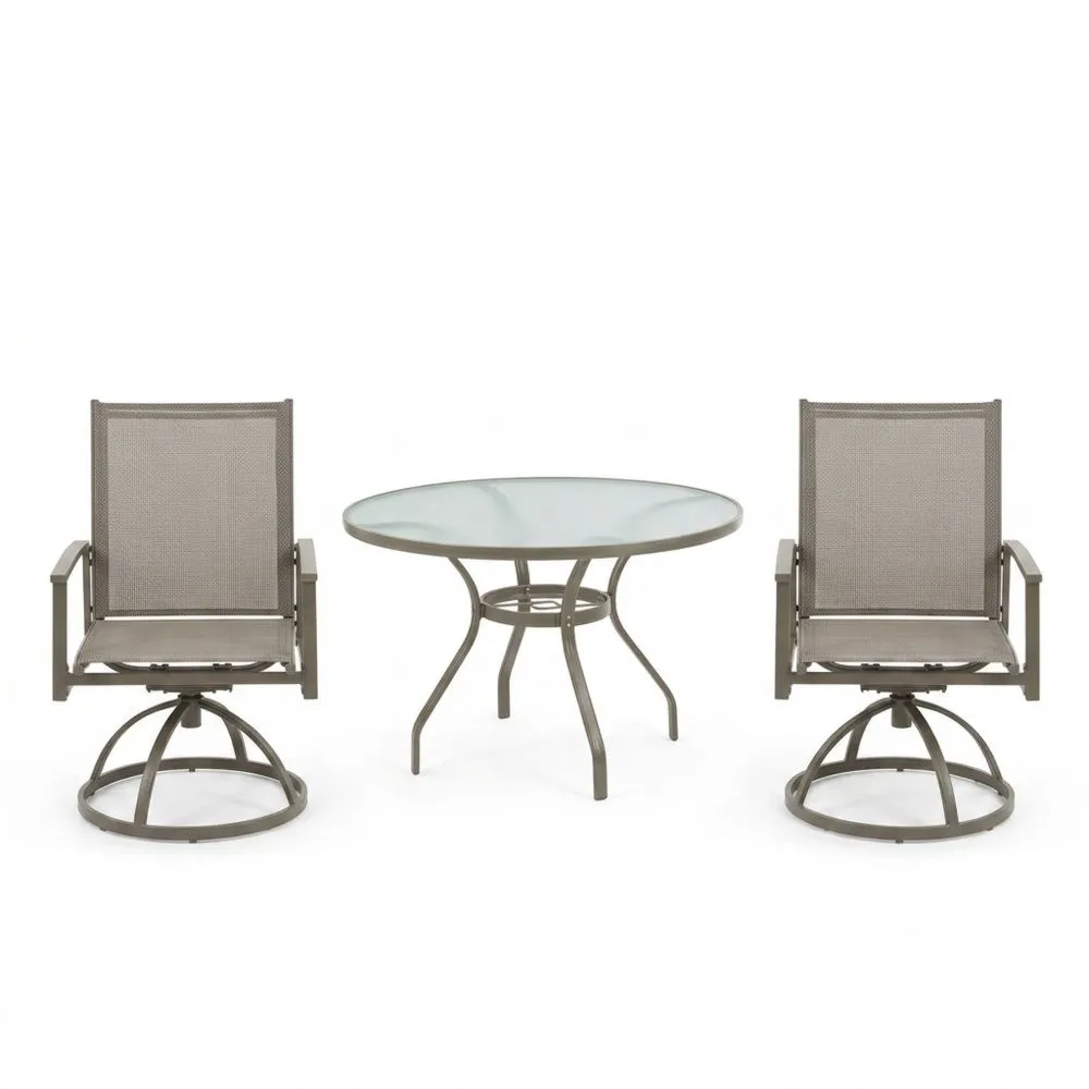 Set da pranzo da giardino con tavolo rotondo in vetro temperato e 2 sedie girevoli in acciaio