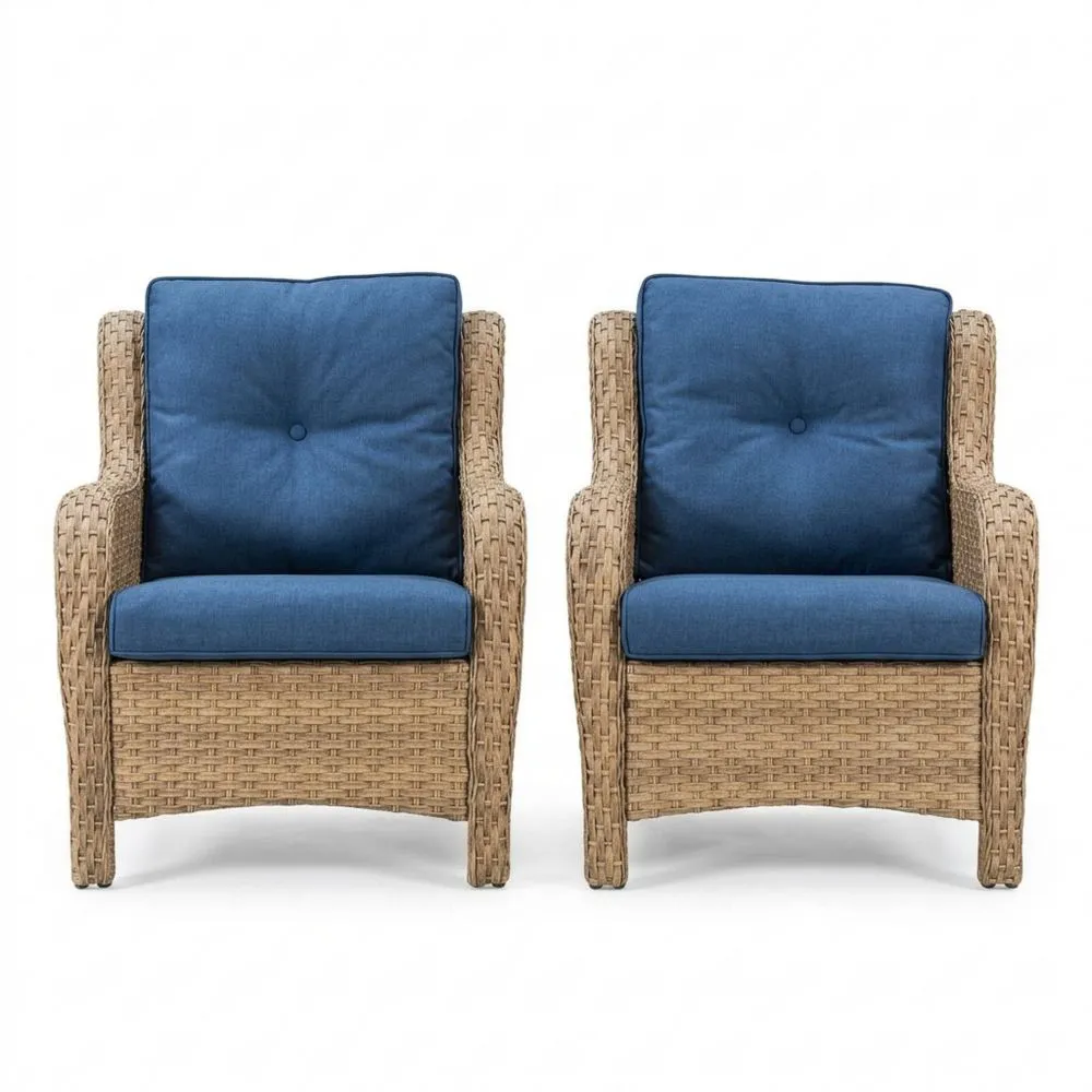 Set di 2 Poltrone da Giardino in Rattan Sintetico con Cuscini Blu