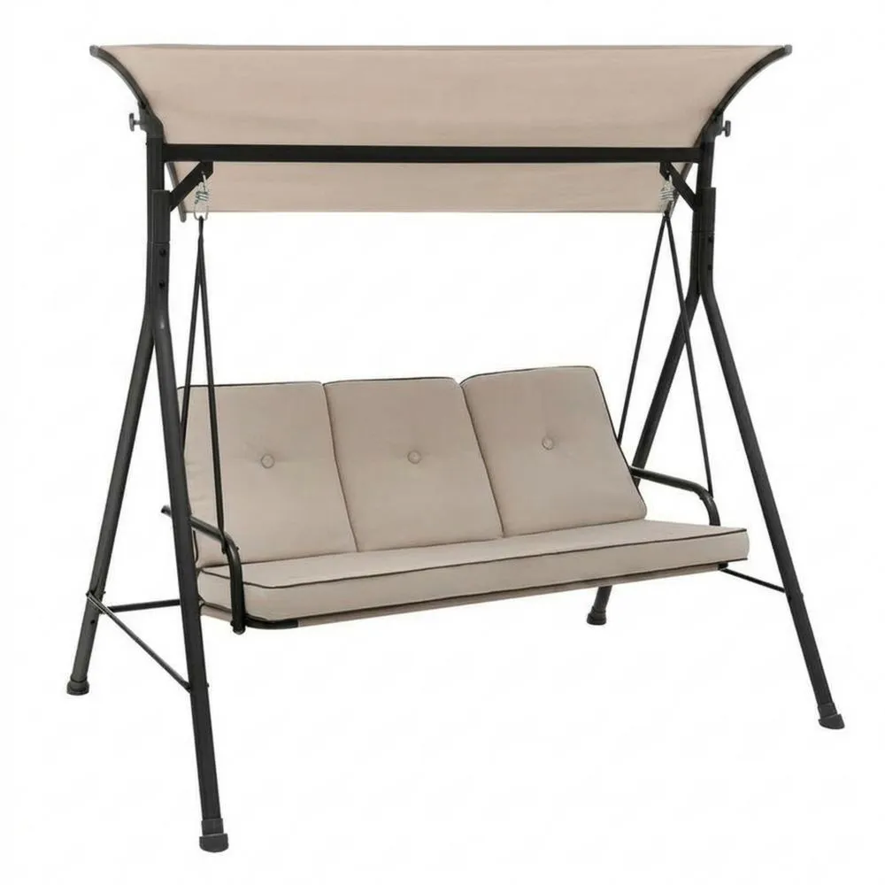 Dondolo da giardino a tre posti in acciaio con cuscini beige