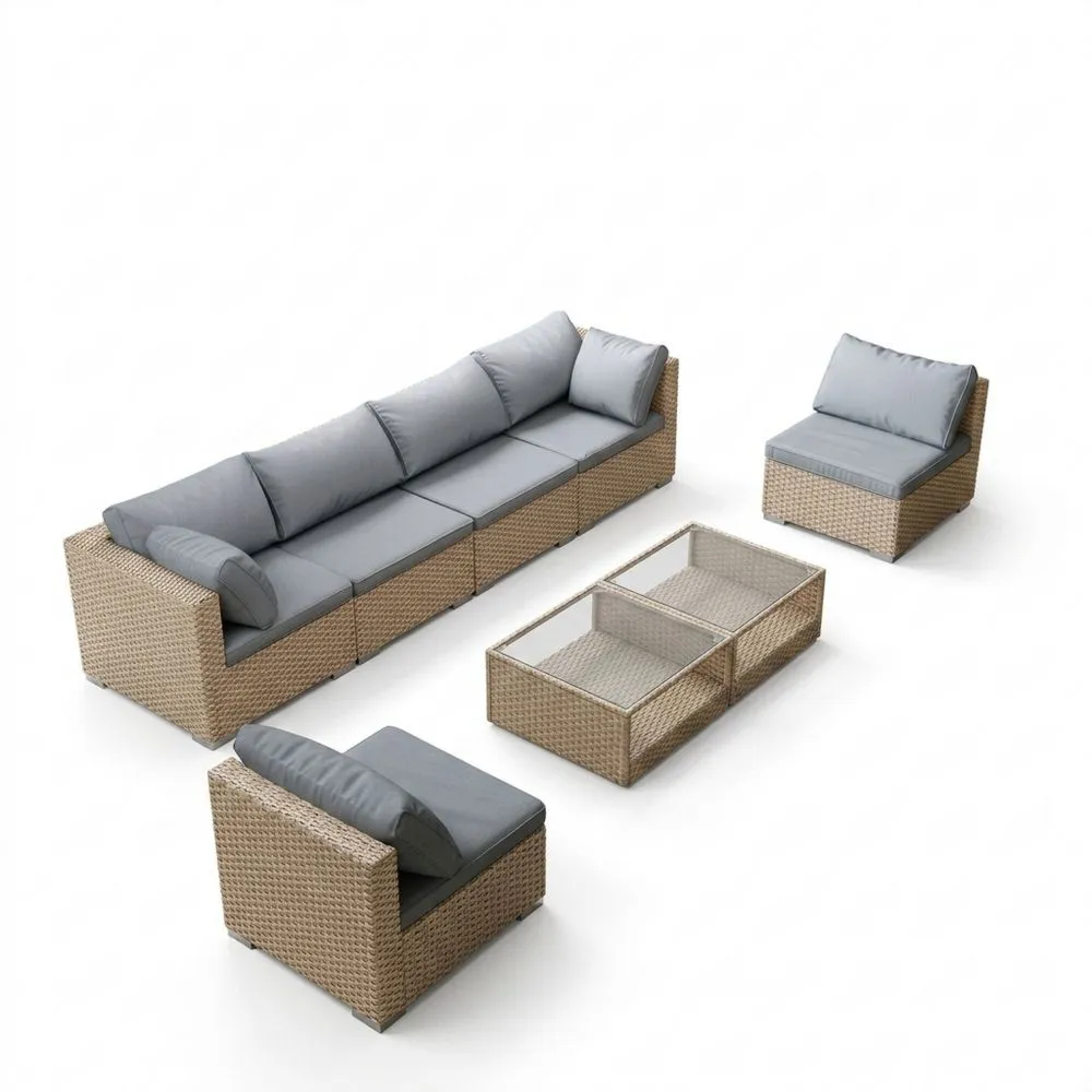 Set di Divani da Esterno in Rattan con Cuscini Grigi e Tavolino in Vetro