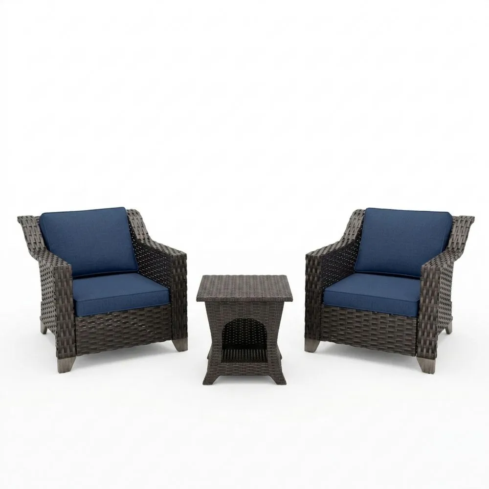 Set di sedie relax da giardino in rattan con cuscini blu