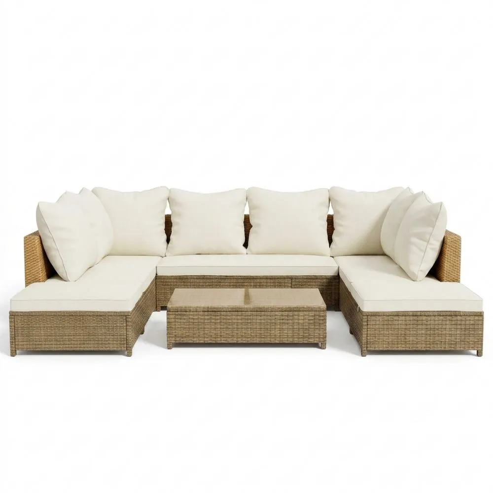 Set divano angolare da esterno in rattan e cuscini beige