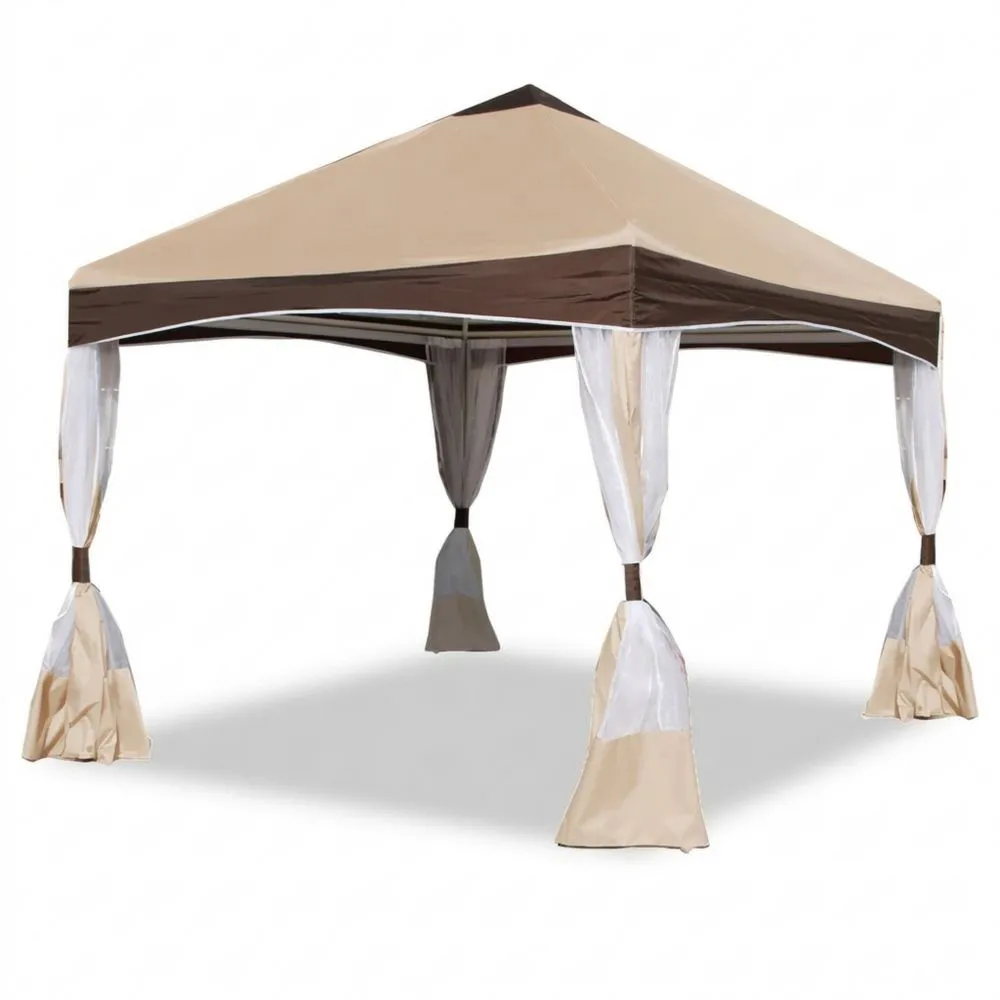 Gazebo in Poliestere con Struttura in Acciaio e Tendaggi Beige/Marrone