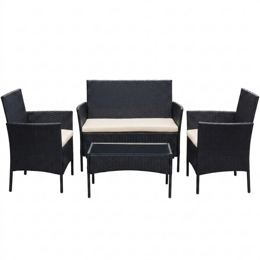 Set di divani da giardino in rattan sintetico con tavolo in vetro e cuscini