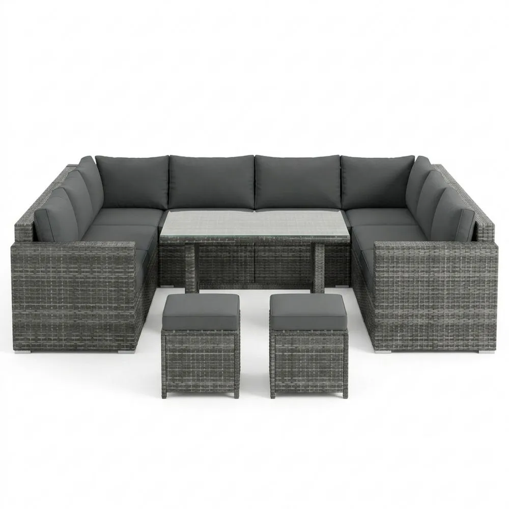 Set Divano Angolare in Rattan con Tavolo e Pouf Grigio