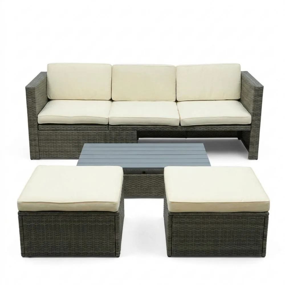 Set Divano da Giardino in Rattan con Tavolo e Poggiapiedi