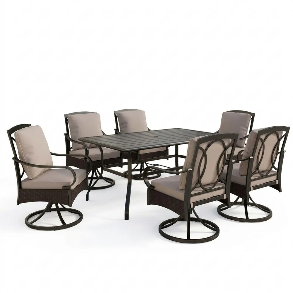 Set da pranzo da giardino in acciaio marrone con cuscini grigi