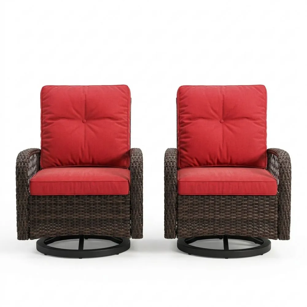 Set di 2 poltrone girevoli per esterno in rattan con cuscini rossi