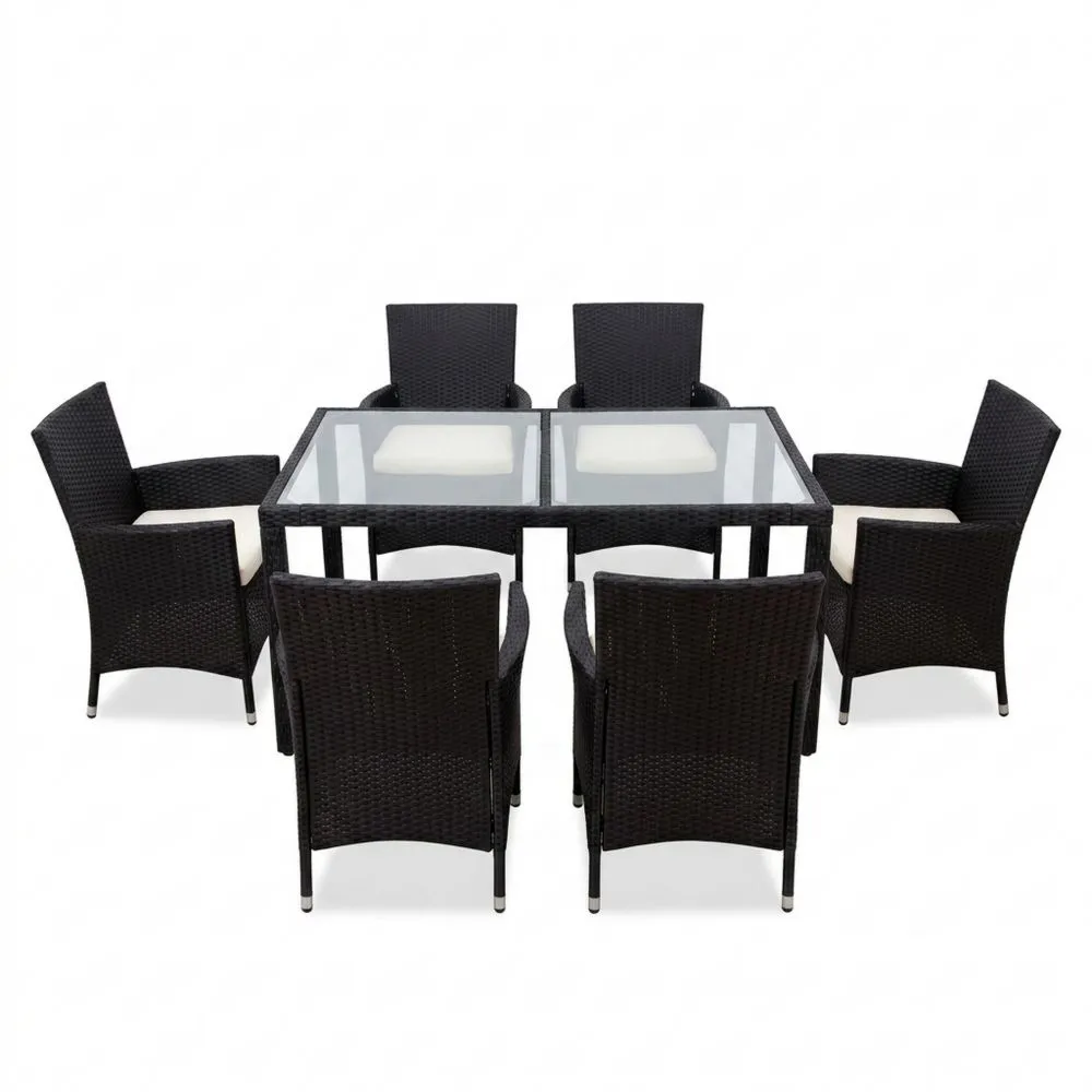 Set da pranzo da giardino con tavolo e 6 sedie in rattan e vetro temperato nero/bianco